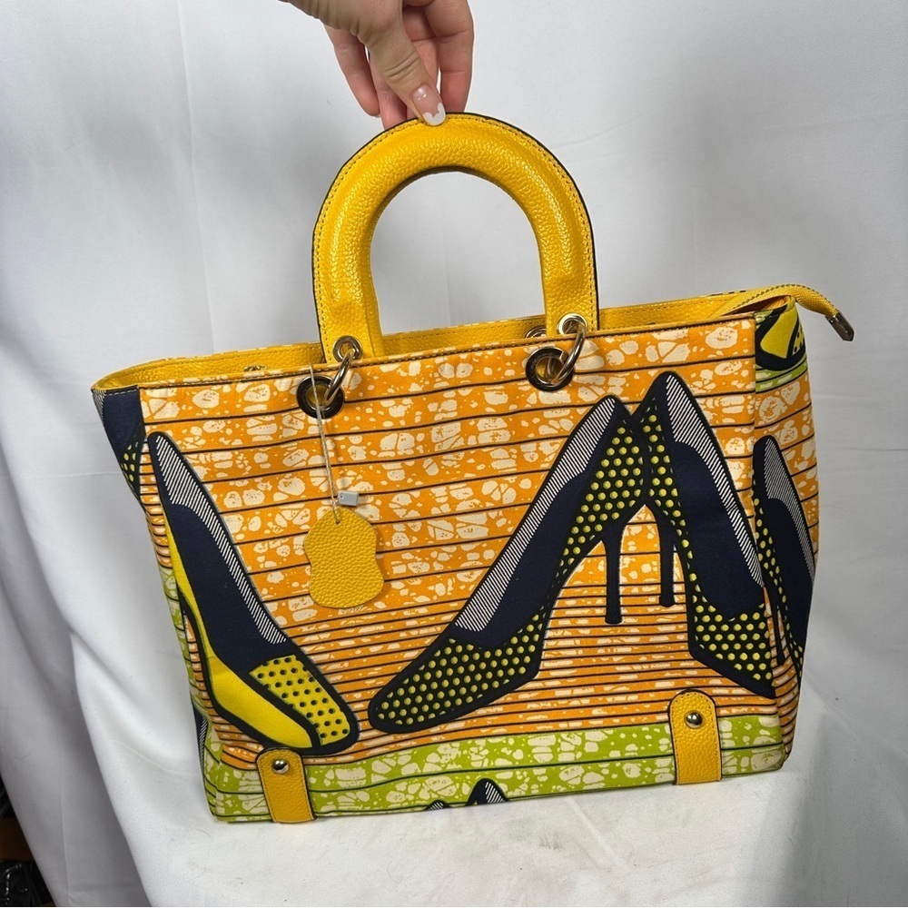 Halo & Way Ankara Wax Print Leather Tote Yellow Green Heels Bag Boho Retro Y2K - Picture 3 of 12